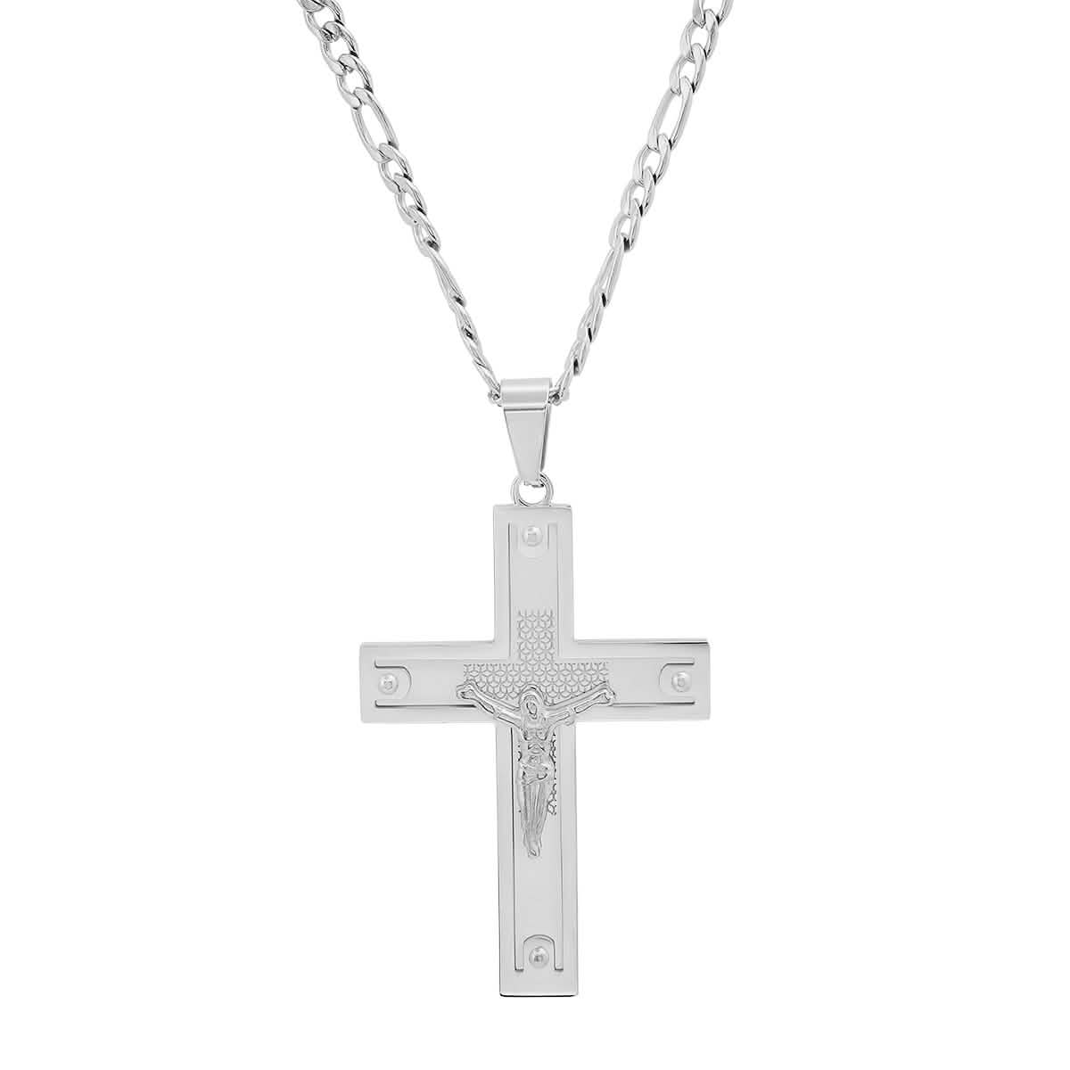 Men's Stainless Steel Crucifix Pendant with Studs