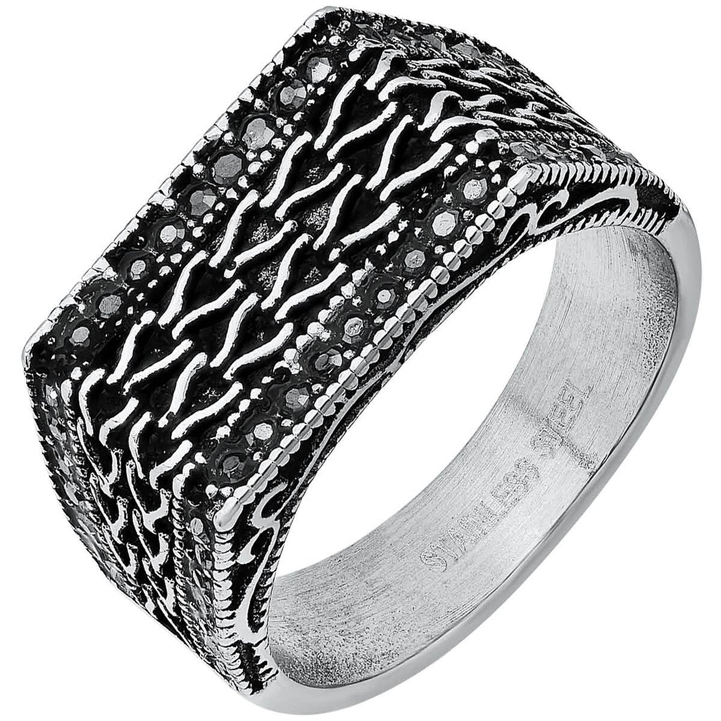 Men's Stainless Steel Simulated Black Diamonds Rectangle Ring