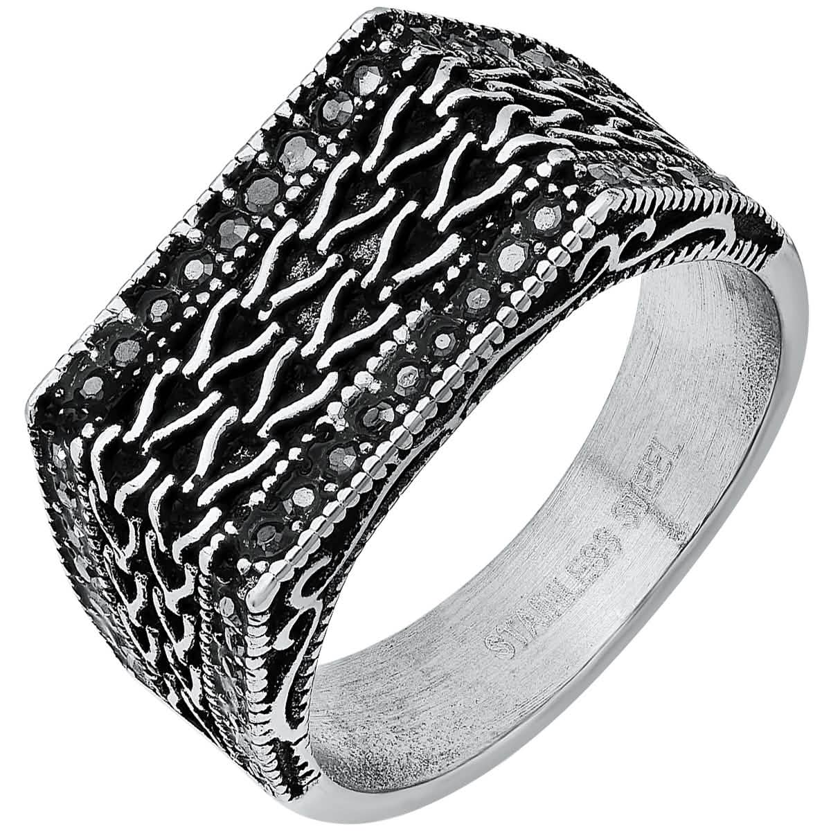 Men's Stainless Steel Simulated Black Diamonds Rectangle Ring
