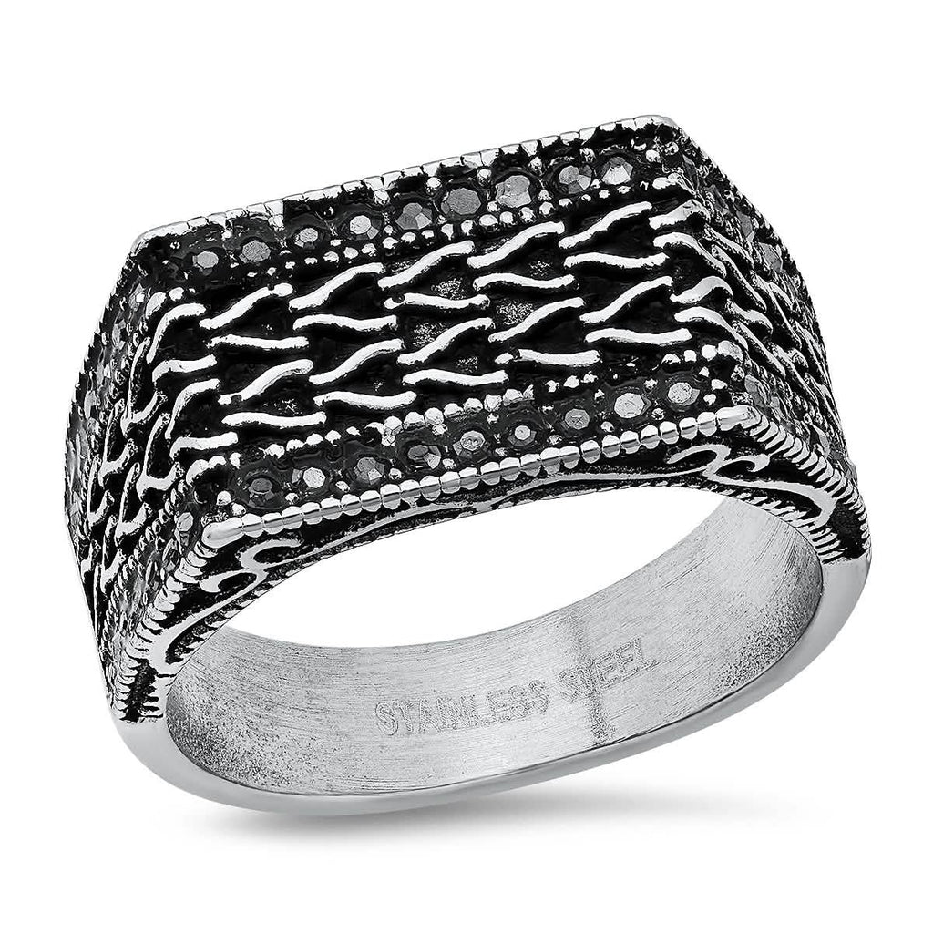 Men's Stainless Steel Simulated Black Diamonds Rectangle Ring
