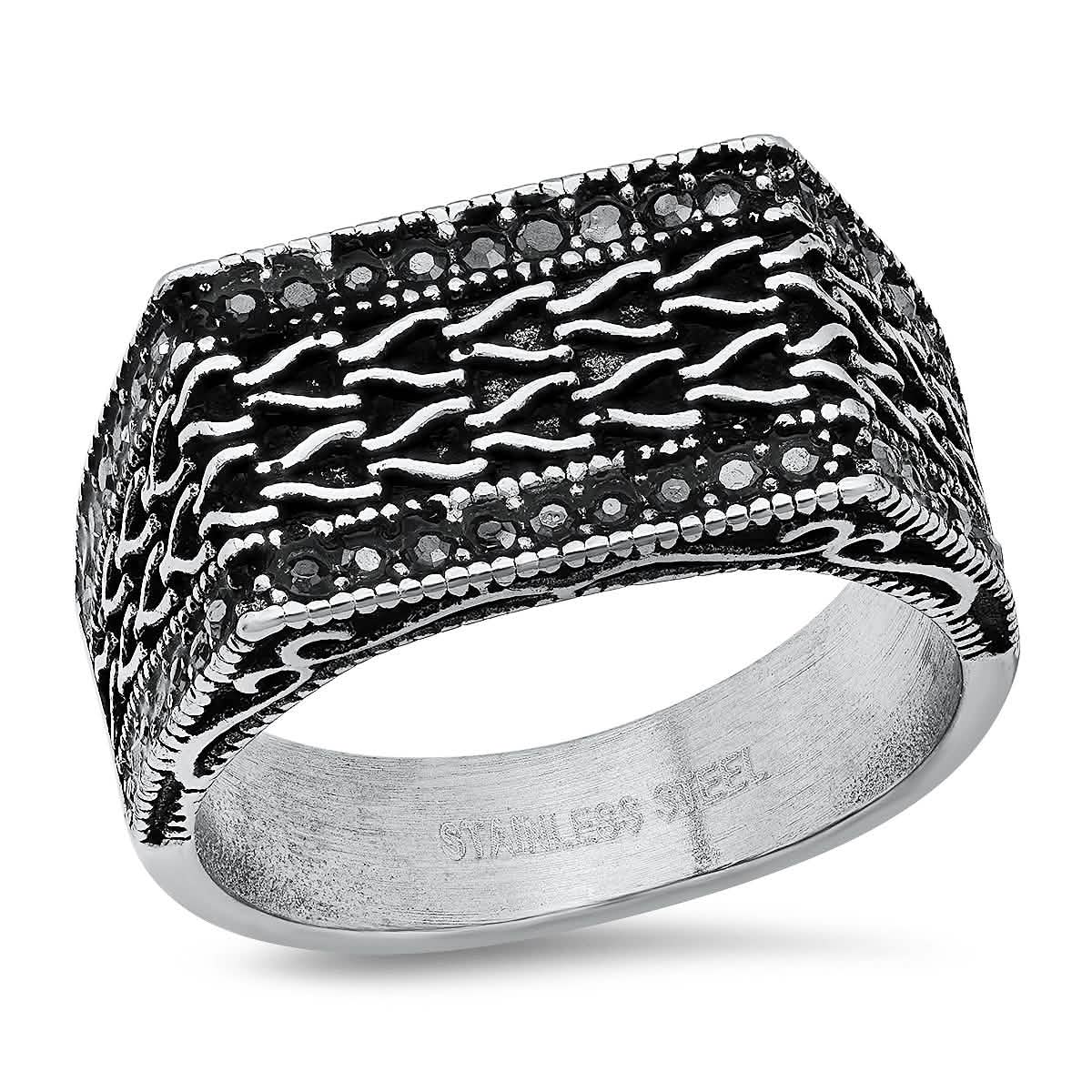 Men's Stainless Steel Simulated Black Diamonds Rectangle Ring