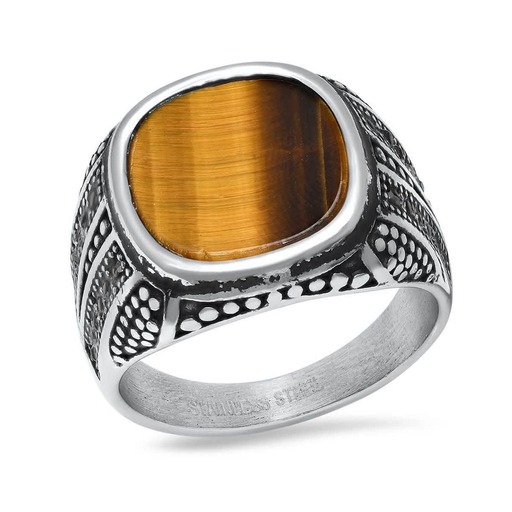 Men's Stainless Steel Tiger Eye and Gray CZ Ring