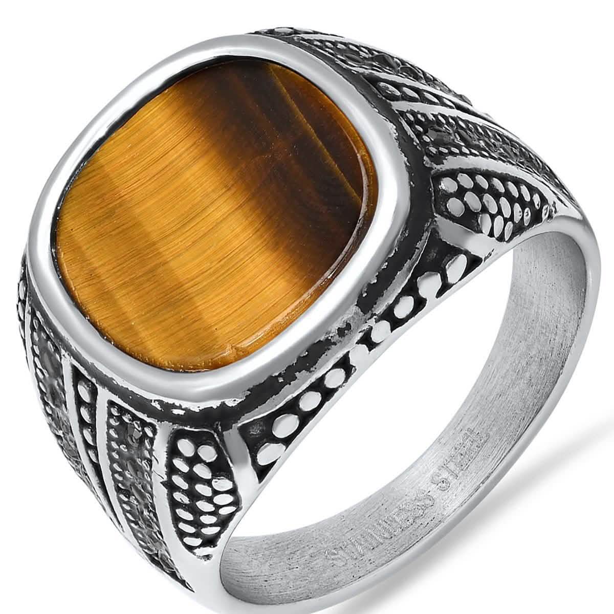 Men's Stainless Steel Tiger Eye and Gray CZ Ring