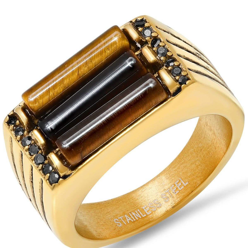 Men's Stainless Steel Tiger Eye And Gray CZ Square Ring