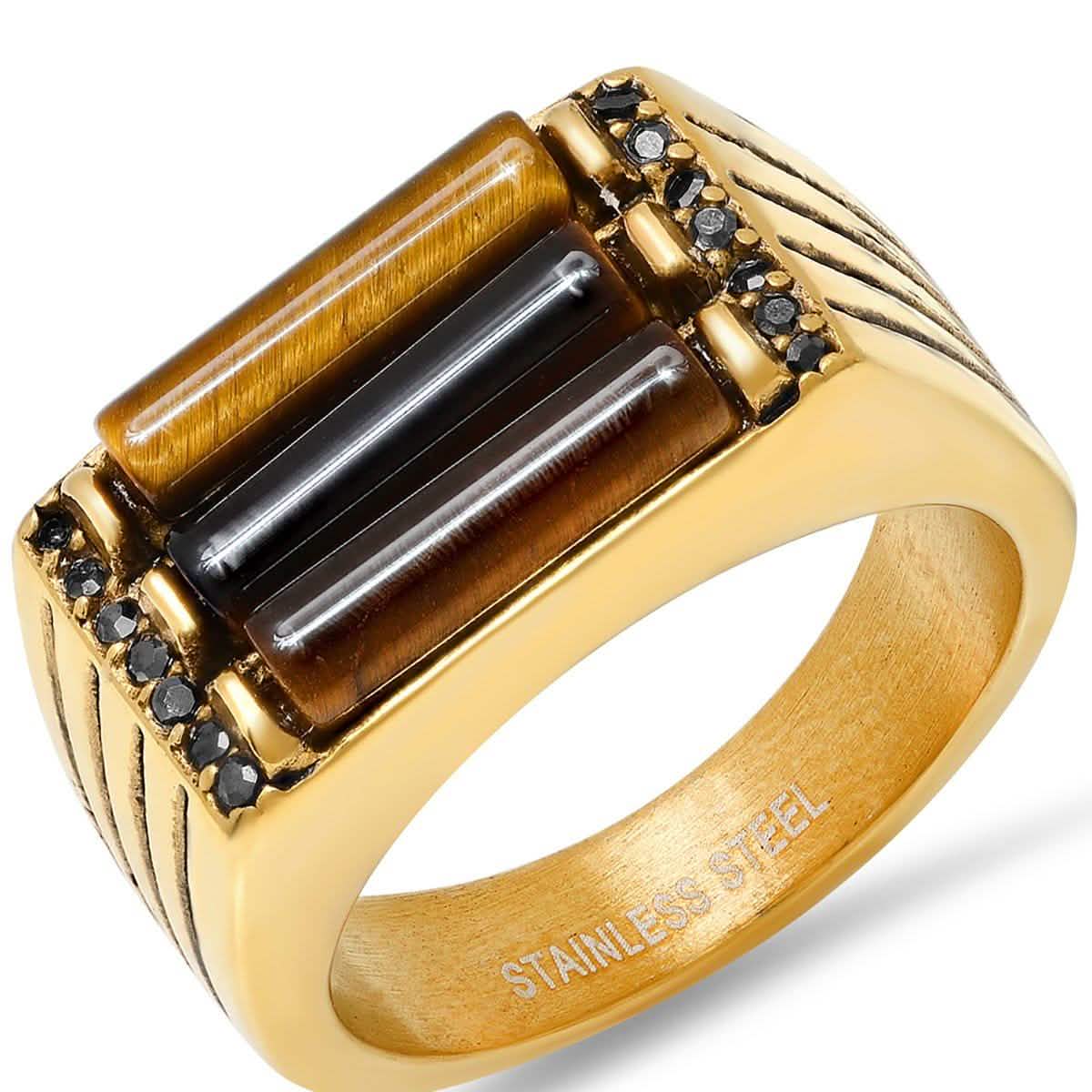 Men's Stainless Steel Tiger Eye And Gray CZ Square Ring