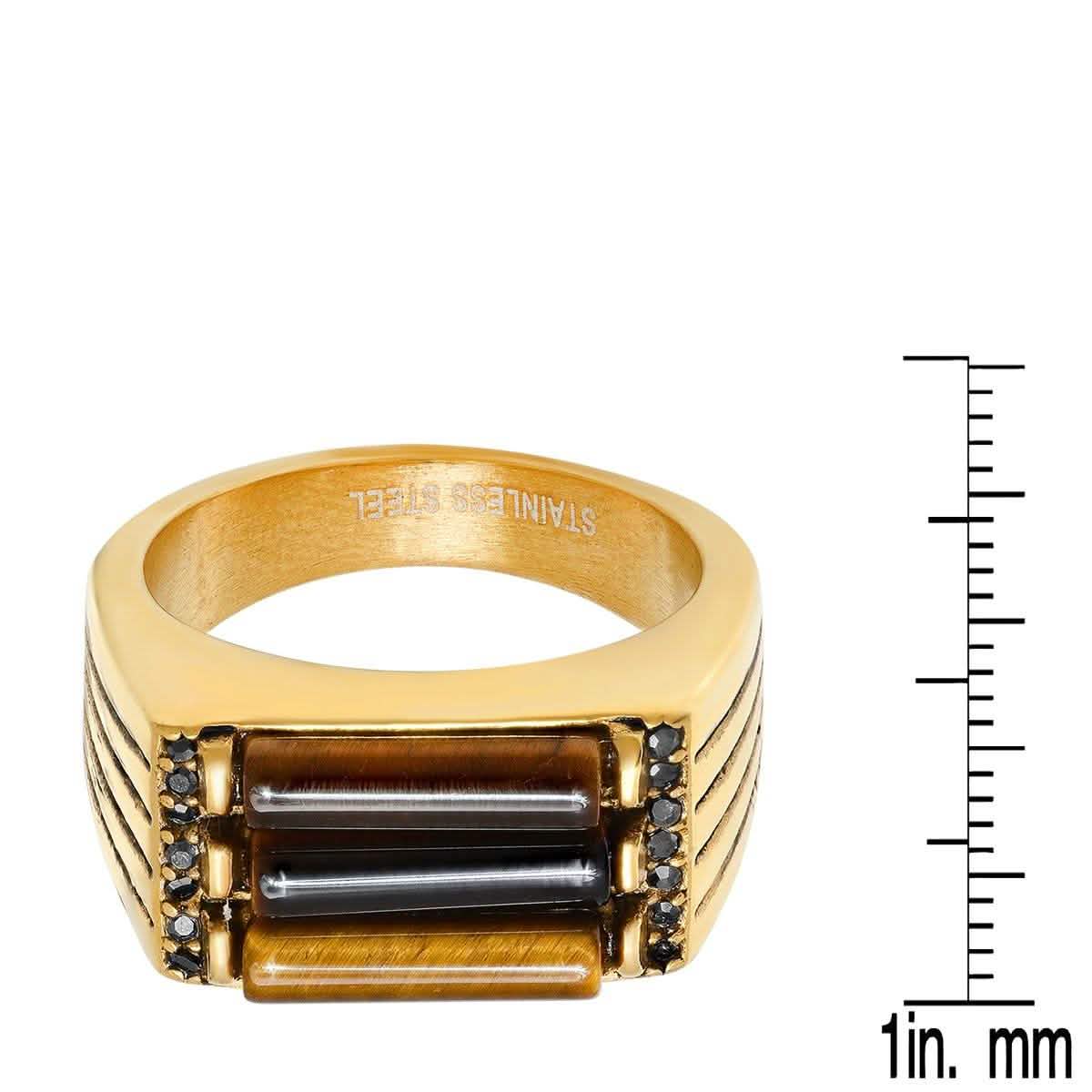 Men's Stainless Steel Tiger Eye And Gray CZ Square Ring