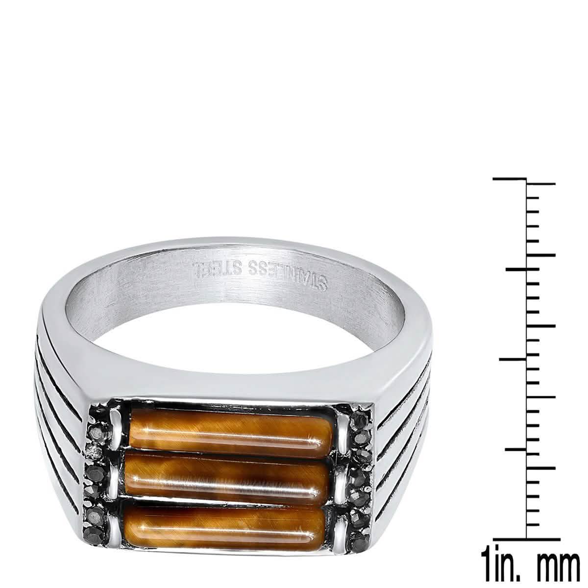 Men's Stainless Steel Tiger Eye And Gray CZ Square Ring