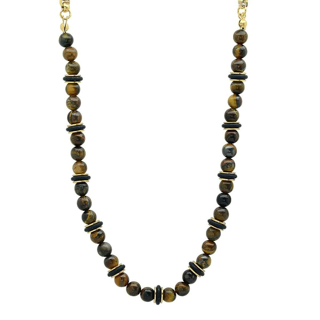 Men's Tiger Eye, Black Rubber and 18k Gold Plated Box Chain Necklace