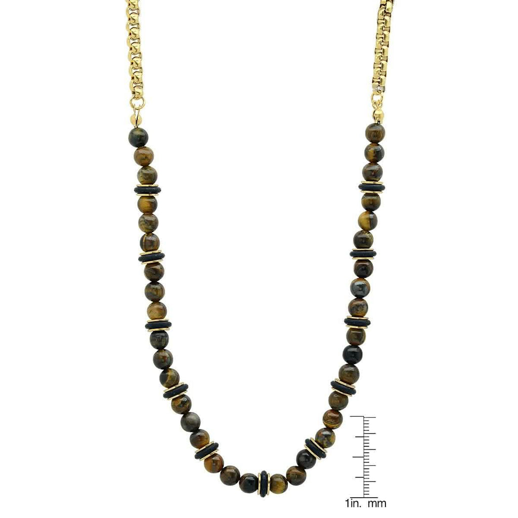 Men's Tiger Eye, Black Rubber and 18k Gold Plated Box Chain Necklace