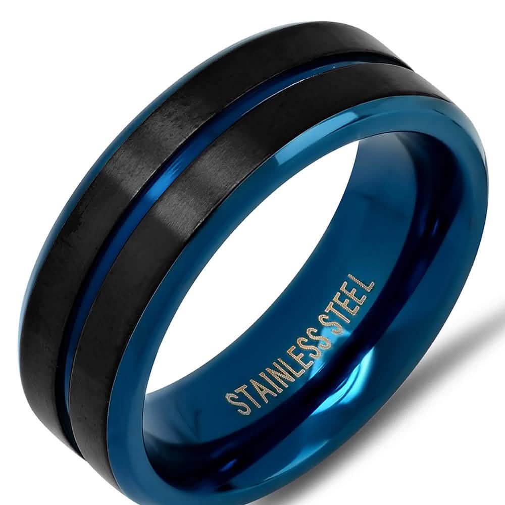 Men's Two Tone Black and Blue IP Stainless Steel Band Ring
