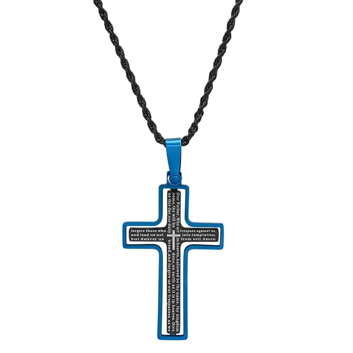 Men's Two Tone Black and Blue IP Stainless Steel Our Father English Cross Pendant