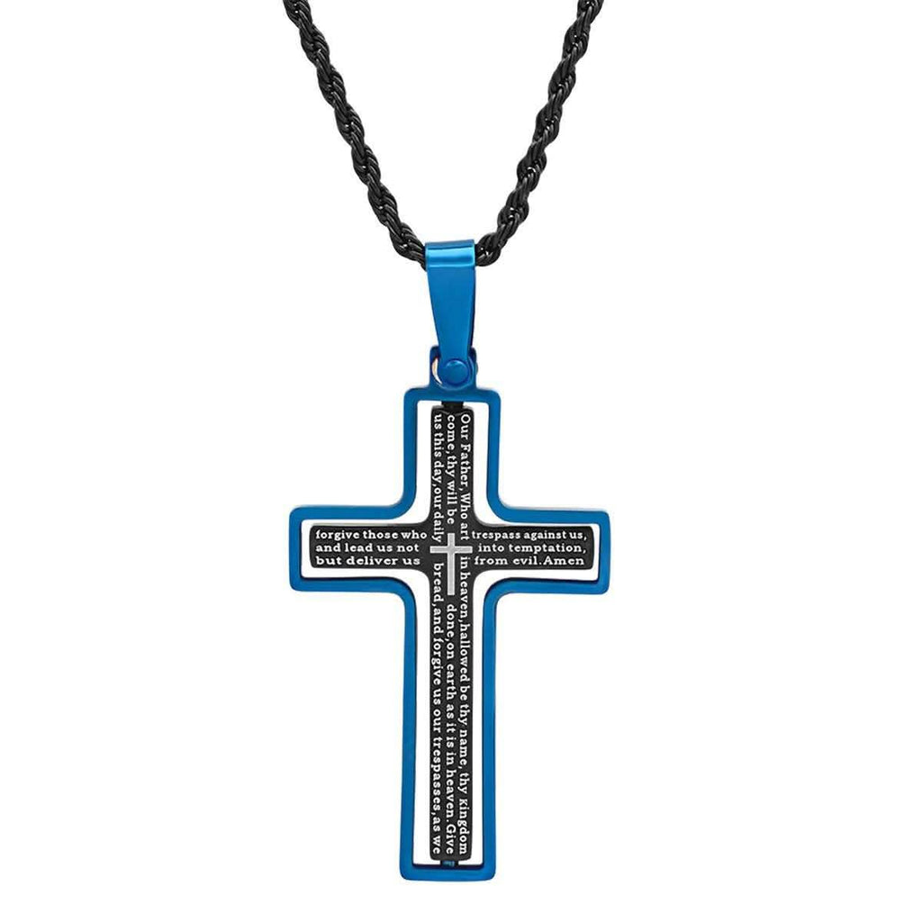 Men's Two Tone Black and Blue IP Stainless Steel Our Father English Cross Pendant