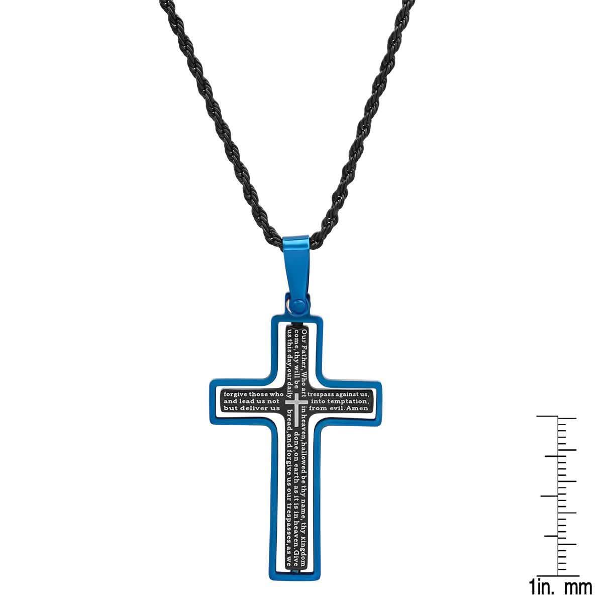 Men's Two Tone Black and Blue IP Stainless Steel Our Father English Cross Pendant