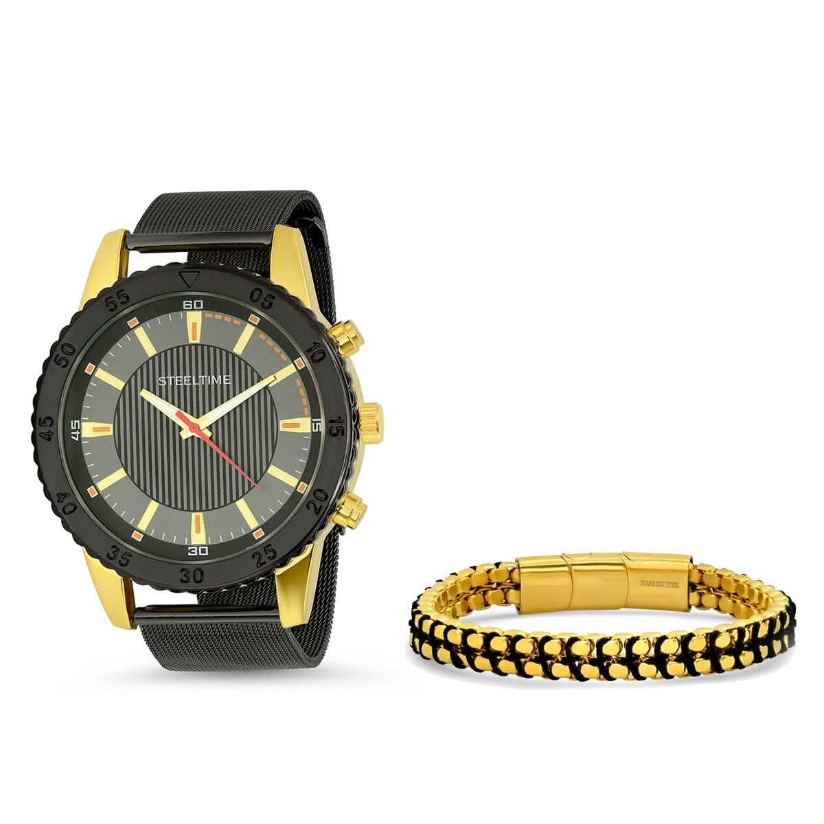 Men's Two Tone Black IP and 18k Gold Watch with 18k Gold Box Chain Bracelet