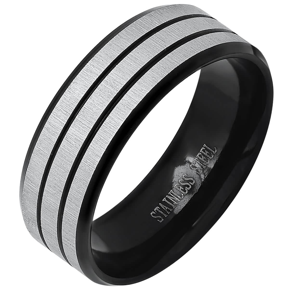 Men's Two Tone Black IP and Stainless Steel Band Ring