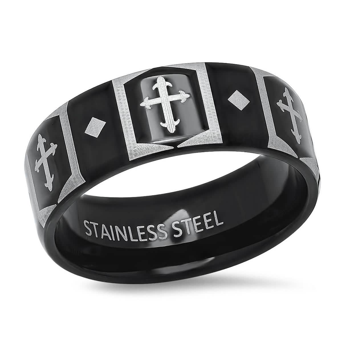 Men's Two Tone Black IP and Stainless Steel Band Ring with Cross Accents