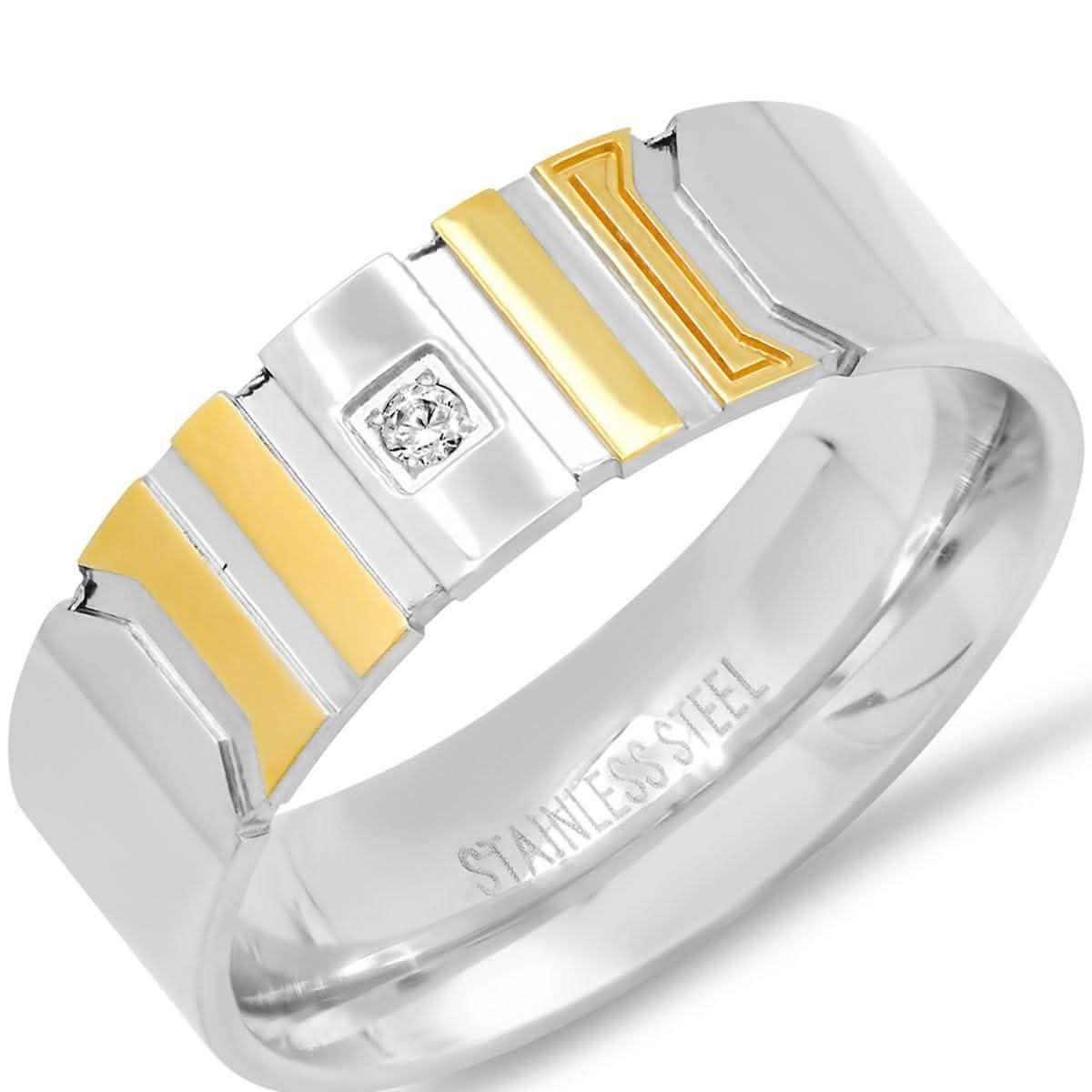 Men's Two-Tone Stainless Steel and 18K Gold Plated Ring with Simulated Center Diamond