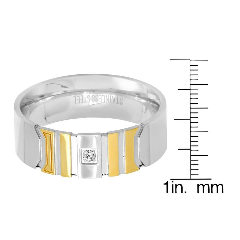 Men's Two-Tone Stainless Steel and 18K Gold Plated Ring with Simulated Center Diamond