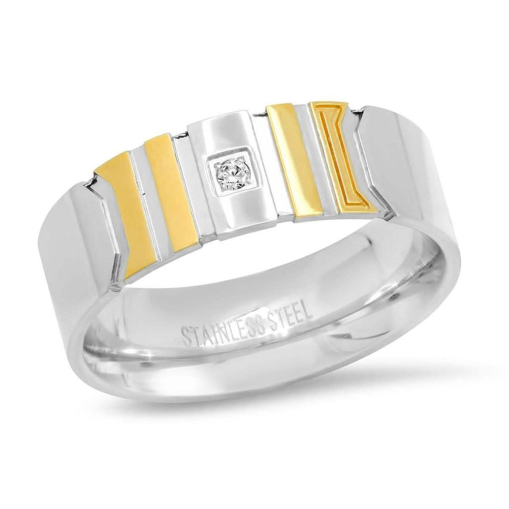 Men's Two-Tone Stainless Steel and 18K Gold Plated Ring with Simulated Center Diamond