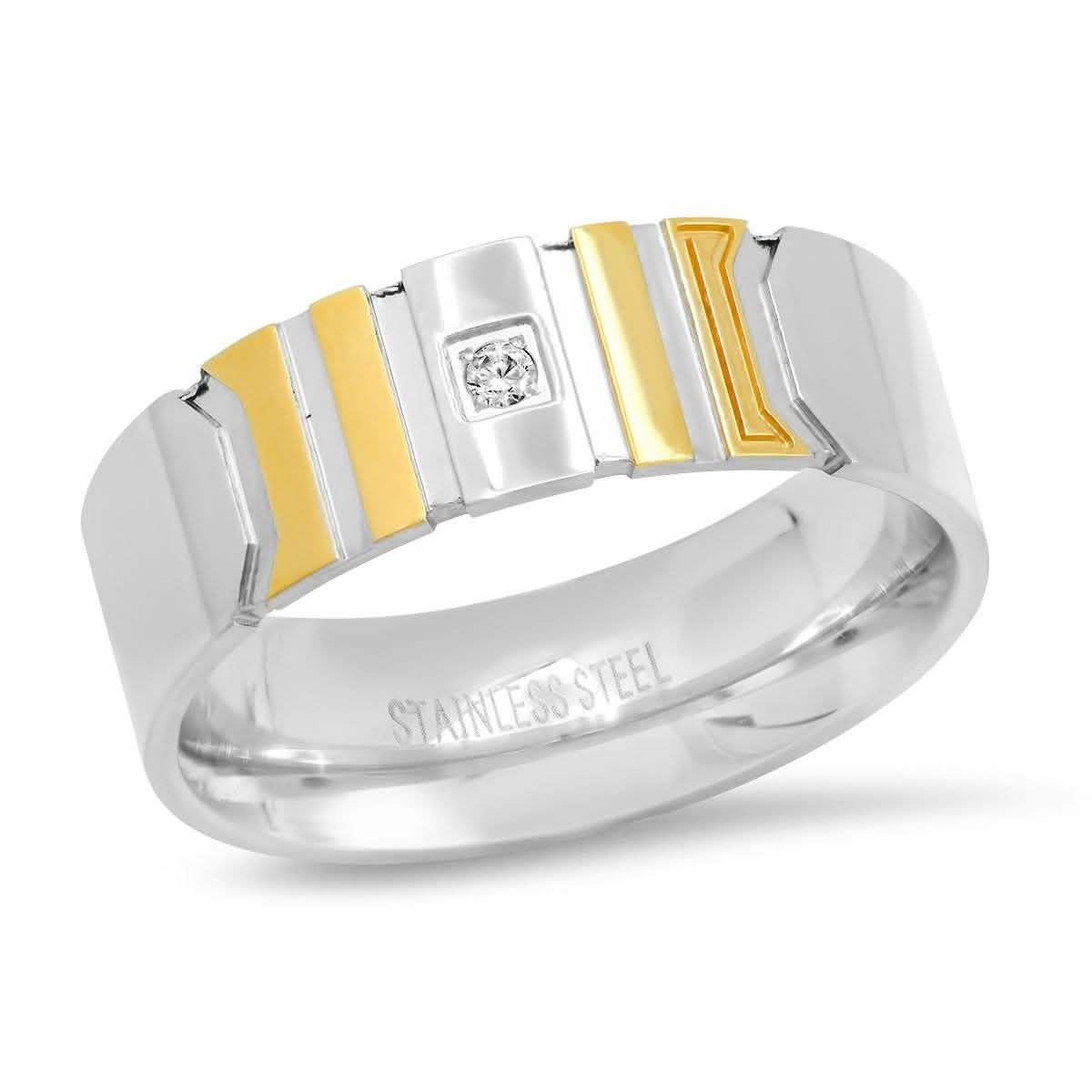 Men's Two-Tone Stainless Steel and 18K Gold Plated Ring with Simulated Center Diamond