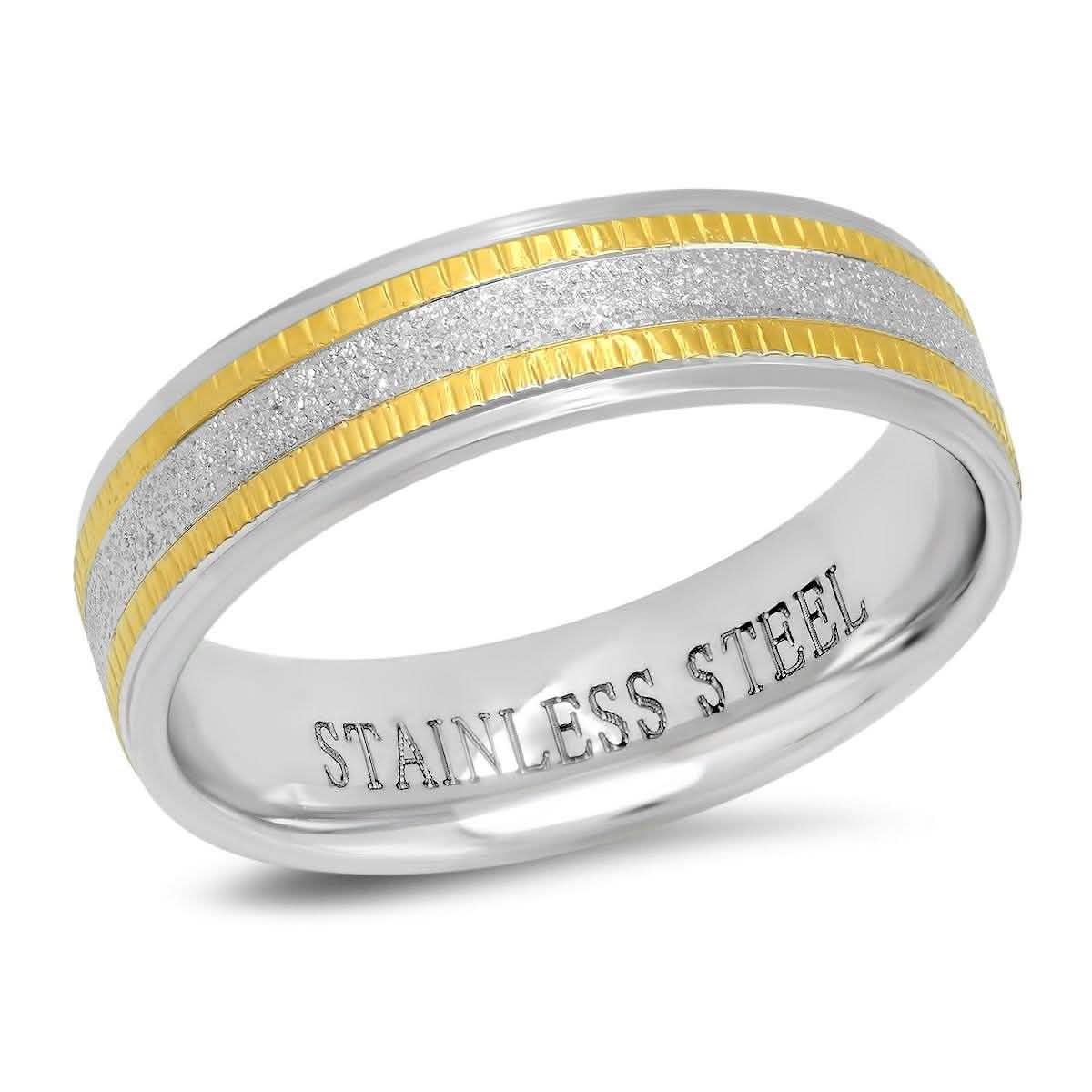 Men's Two Tone Stainless Steel and 18K Gold Plated Sandblasted Inlay Ring