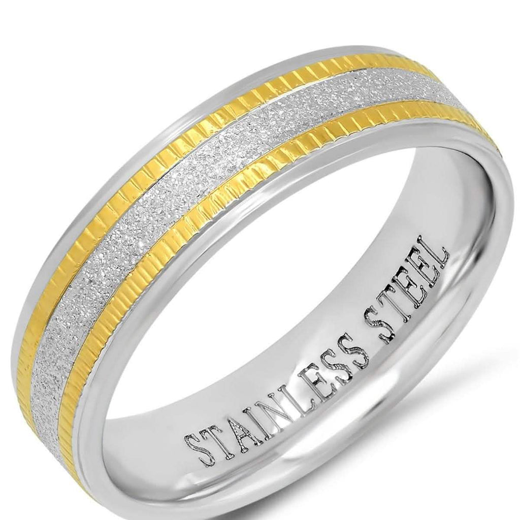 Men's Two Tone Stainless Steel and 18K Gold Plated Sandblasted Inlay Ring