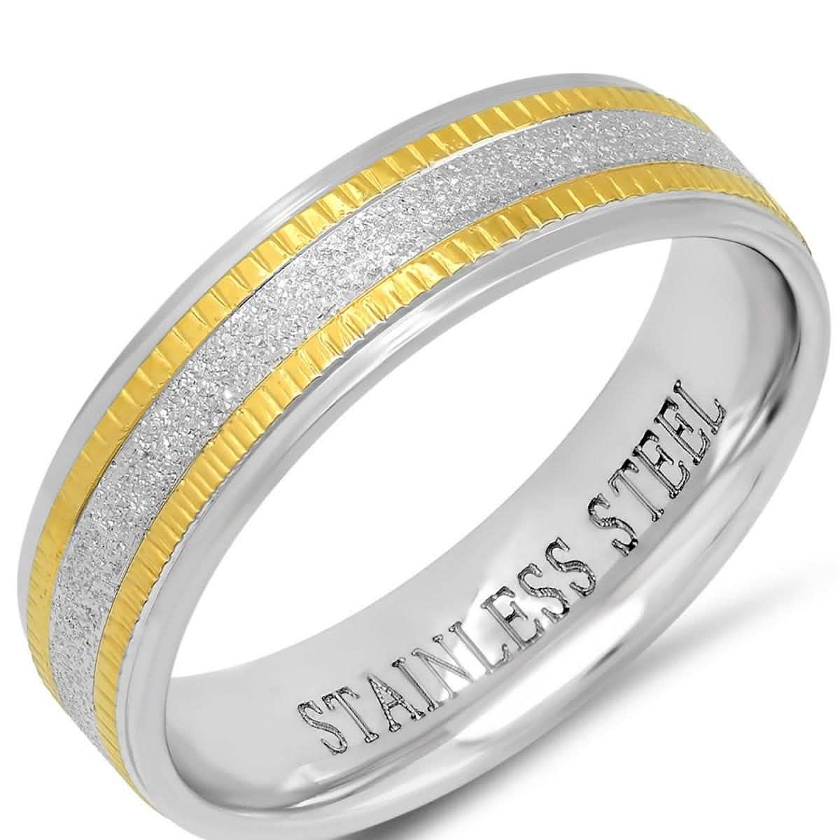 Men's Two Tone Stainless Steel and 18K Gold Plated Sandblasted Inlay Ring