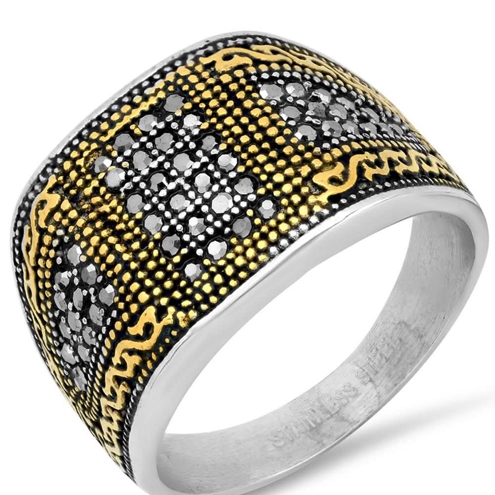 Men's Two Tone Stainless Steel And 18k Gold With Simulated Diamonds Ring