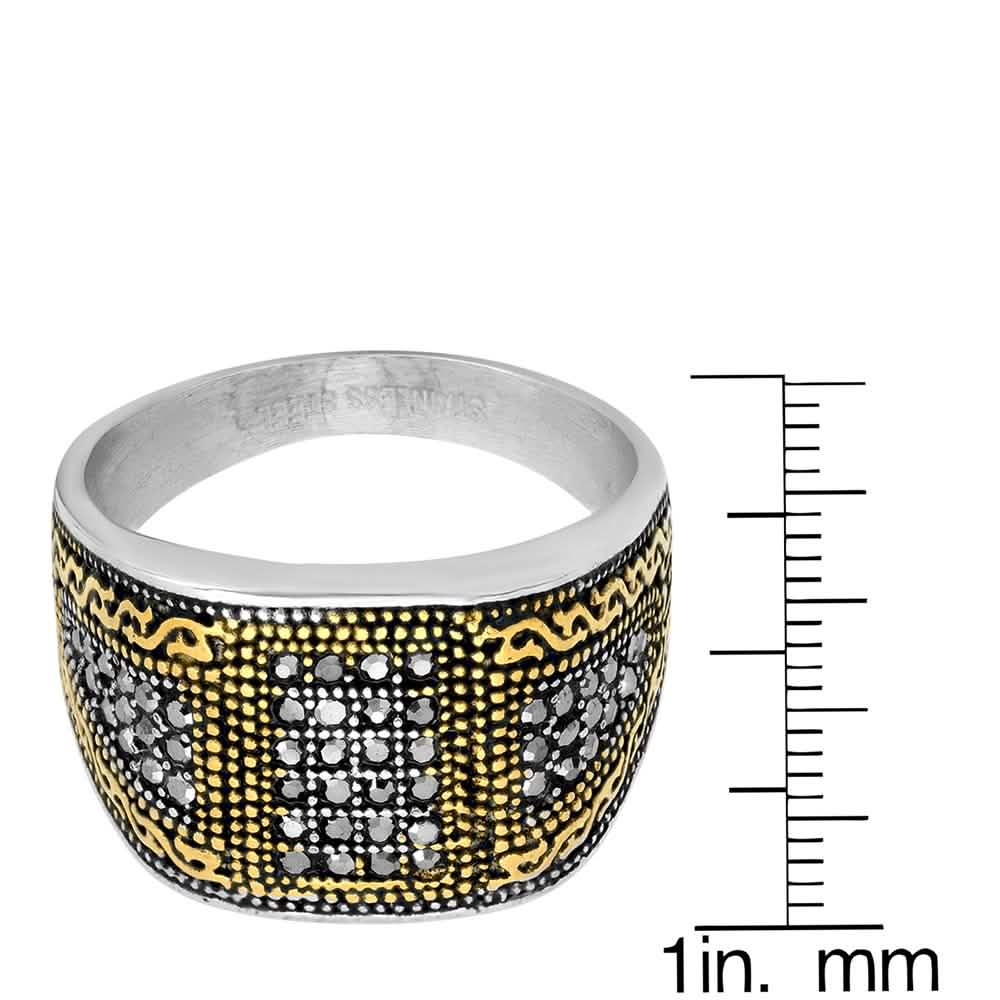 Men's Two Tone Stainless Steel And 18k Gold With Simulated Diamonds Ring