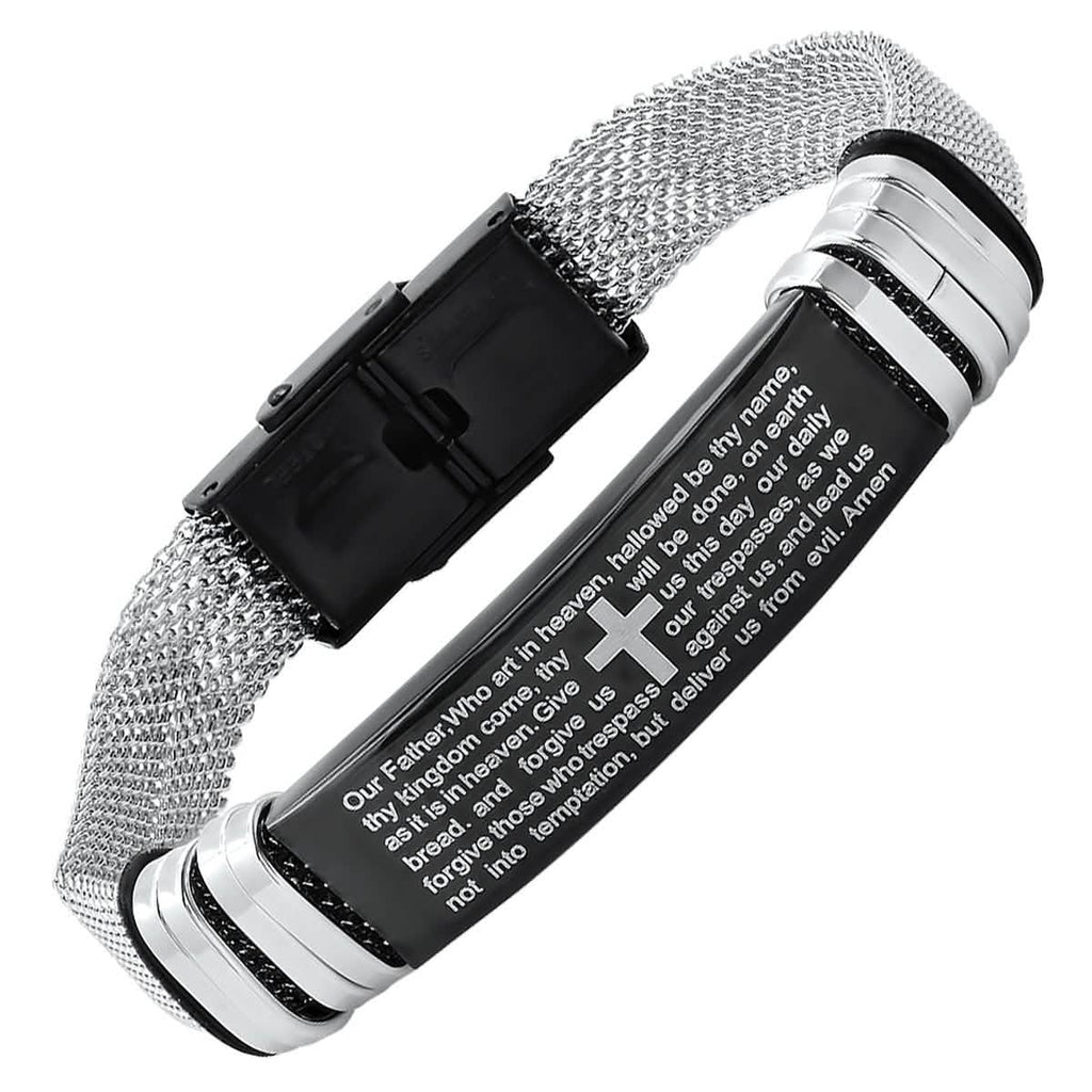 Men's Two Tone Stainless Steel and Black IP Our Father Prayer Mesh Bracelet