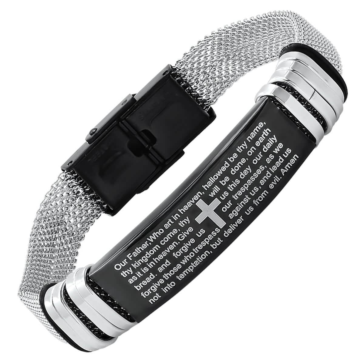 Men's Two Tone Stainless Steel and Black IP Our Father Prayer Mesh Bracelet