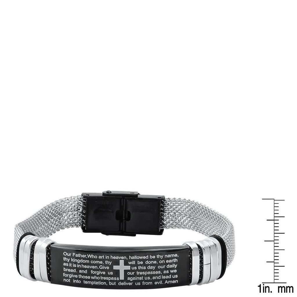 Men's Two Tone Stainless Steel and Black IP Our Father Prayer Mesh Bracelet