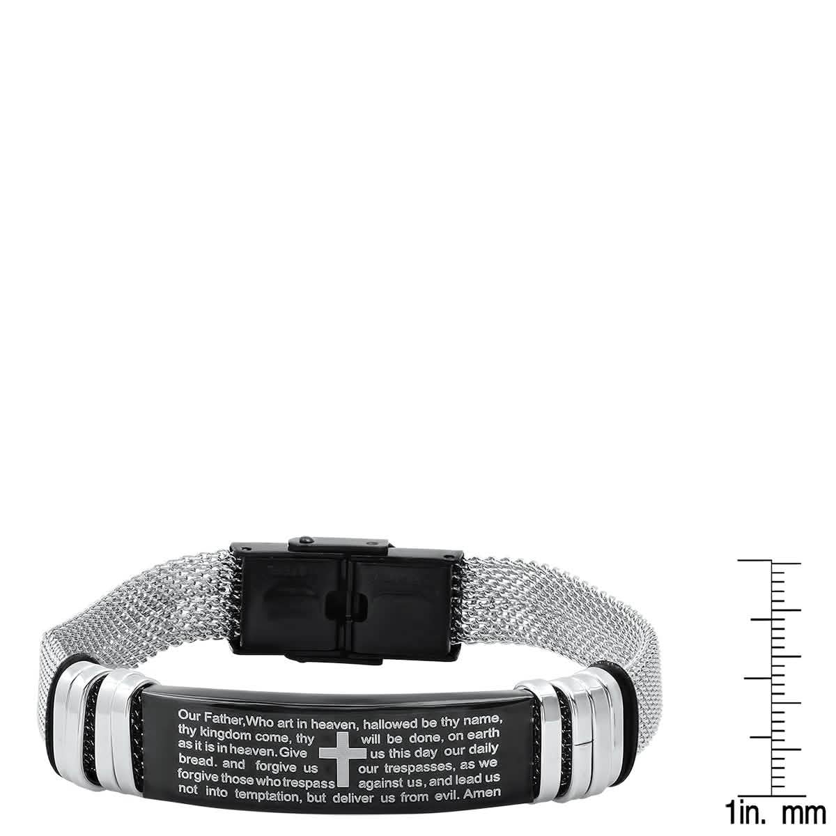 Men's Two Tone Stainless Steel and Black IP Our Father Prayer Mesh Bracelet