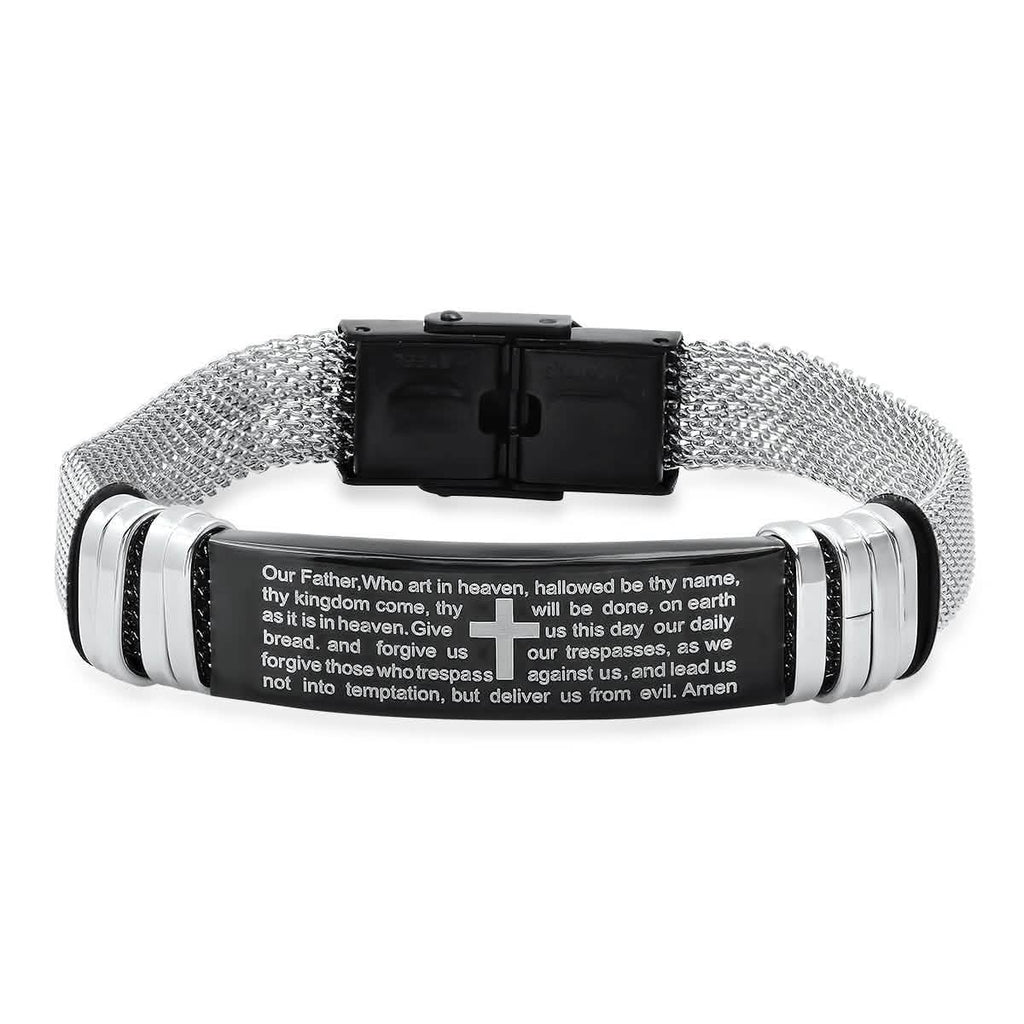 Men's Two Tone Stainless Steel and Black IP Our Father Prayer Mesh Bracelet