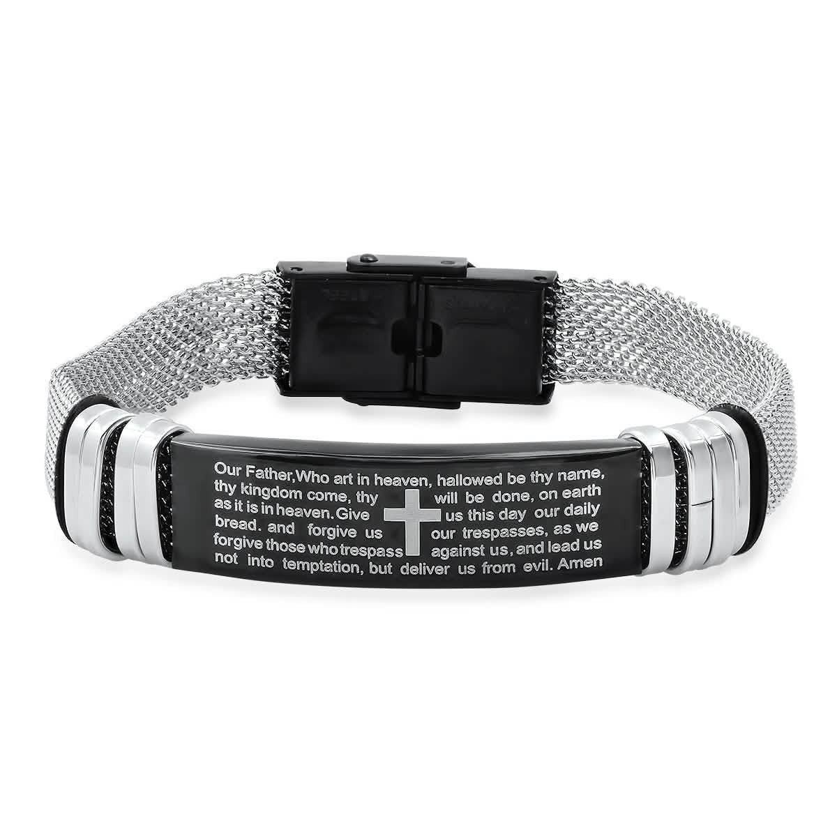 Men's Two Tone Stainless Steel and Black IP Our Father Prayer Mesh Bracelet