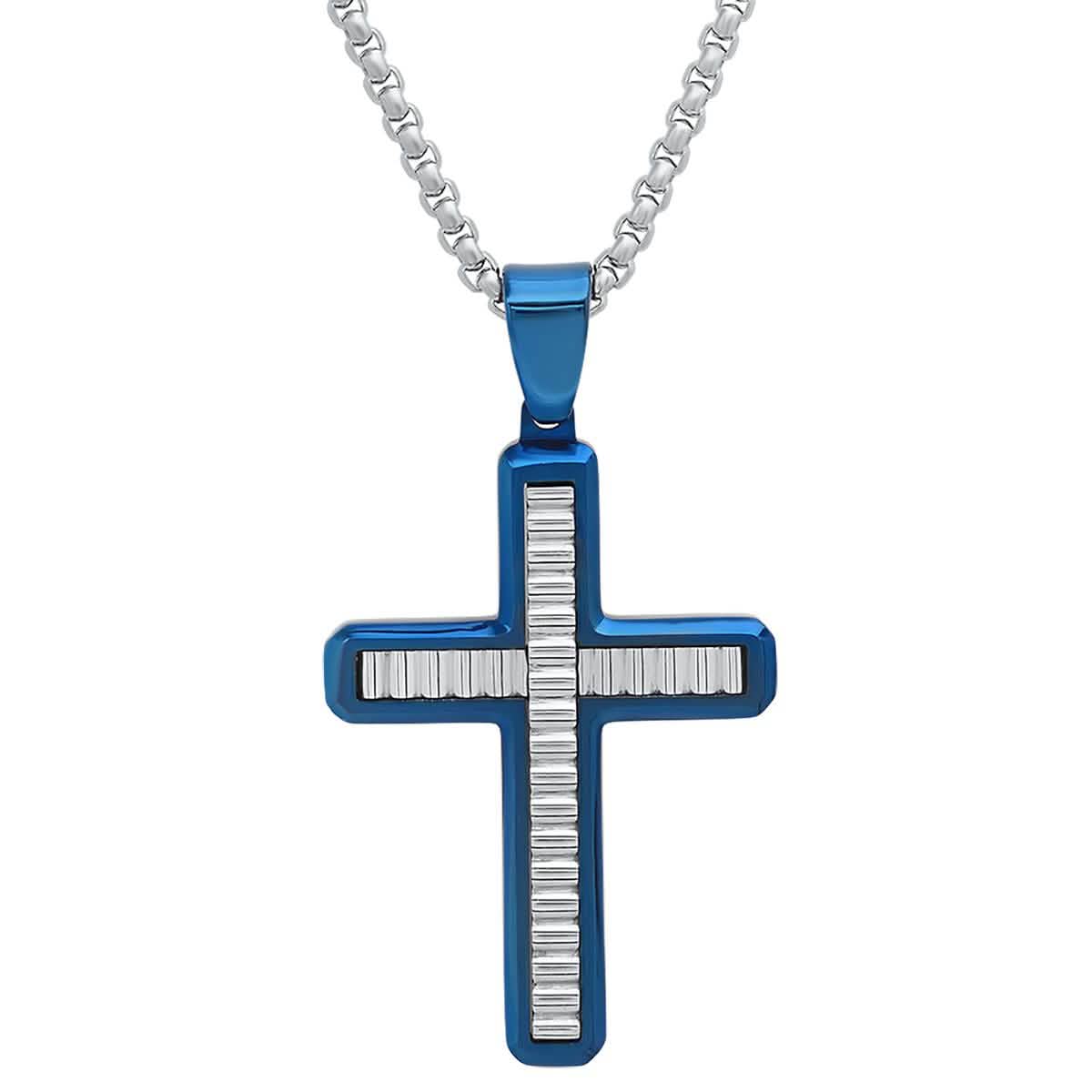 Men's Two Tone Stainless Steel and Blue IP Cross with Waives Inlay Pendant
