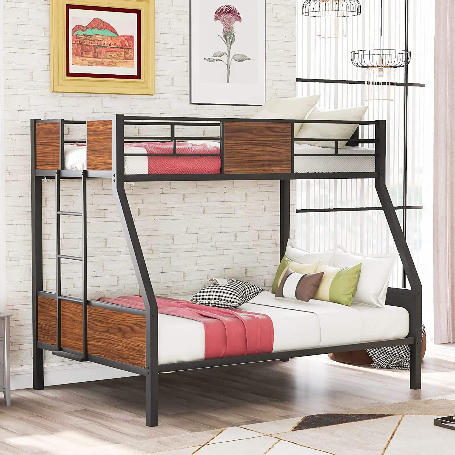 Metal Bunk Bed with Safety Railing Ladder