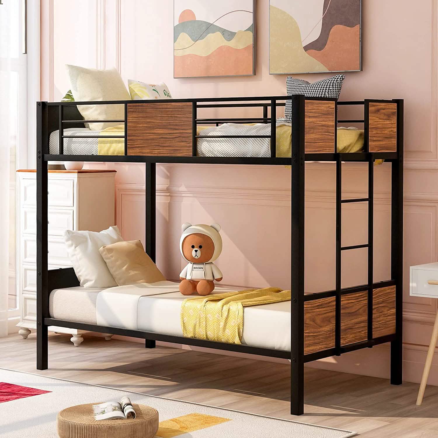 Metal Bunk Bed with Safety Railing Ladder