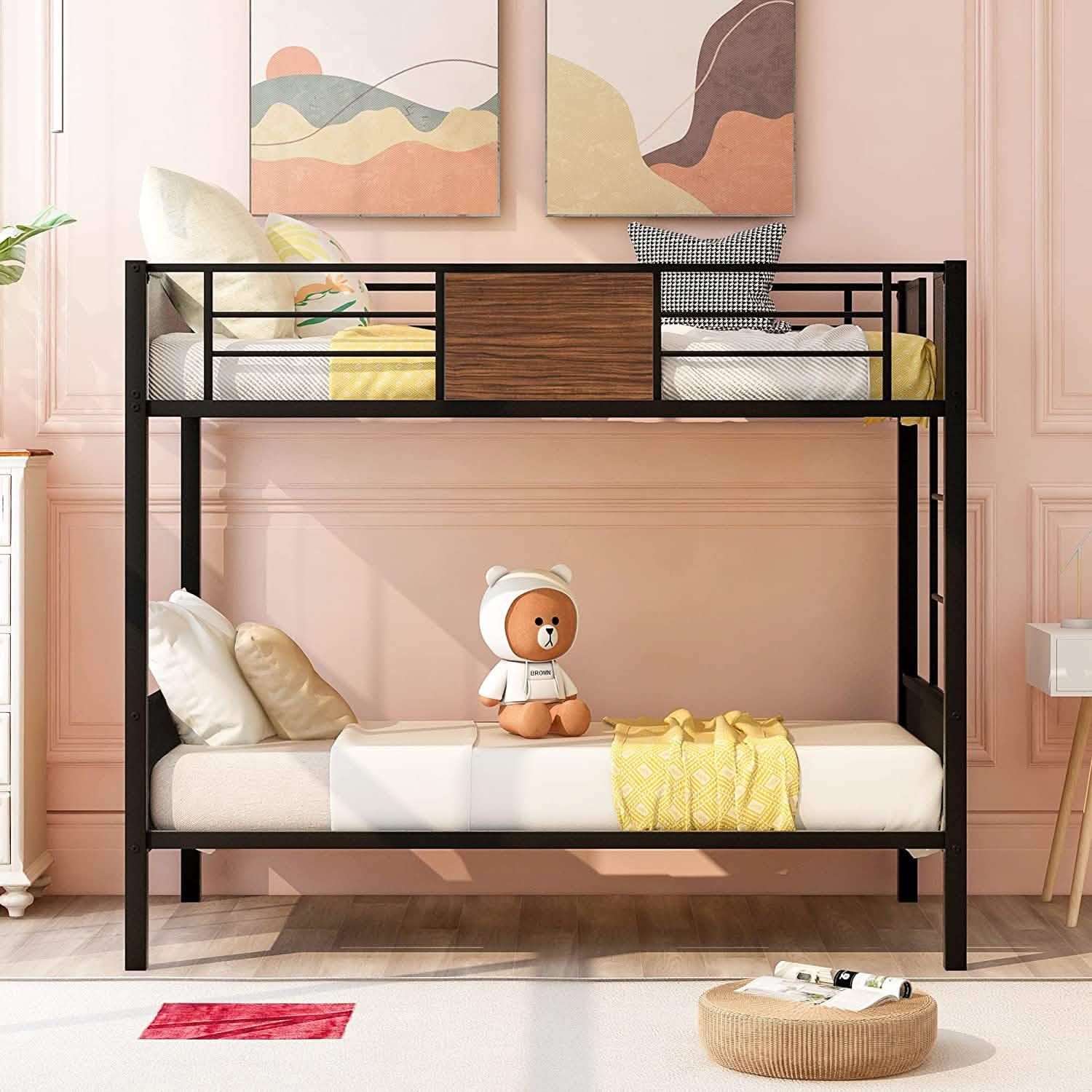 Metal Bunk Bed with Safety Railing Ladder