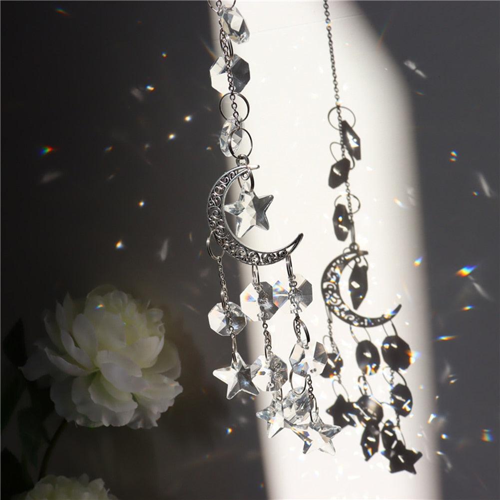 Metallic Hoop Moon Sun Catcher Hanging Crystal Pendant Chandelier Lamps Light Crystals Glass Pendants Light Rainbow Maker Wind Chime Hanging Drop Gift of Good Luck Garden Decor Hanging Ornament For Home Decoration