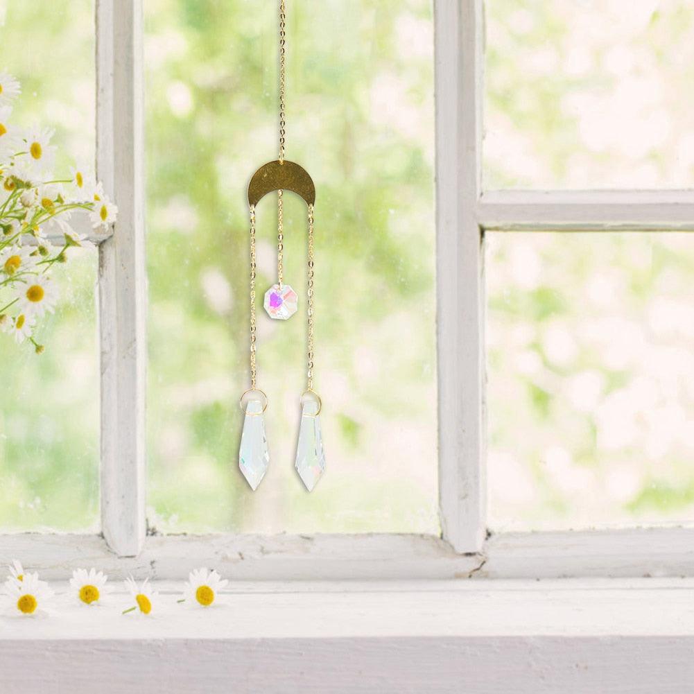 Metallic Hoop Moon Sun Wind Chimes Crystals Sun-catcher Ornament With Chakra Energy K9 Crystal Ball Prisms Hanging Rainbow Chaser Window Curtains Pendant Home Decor Gifts