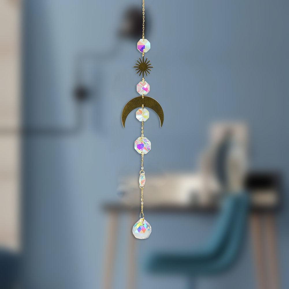 Metallic Hoop Moon Sun Wind Chimes Crystals Sun-catcher Ornament With Chakra Energy K9 Crystal Ball Prisms Hanging Rainbow Chaser Window Curtains Pendant Home Decor Gifts