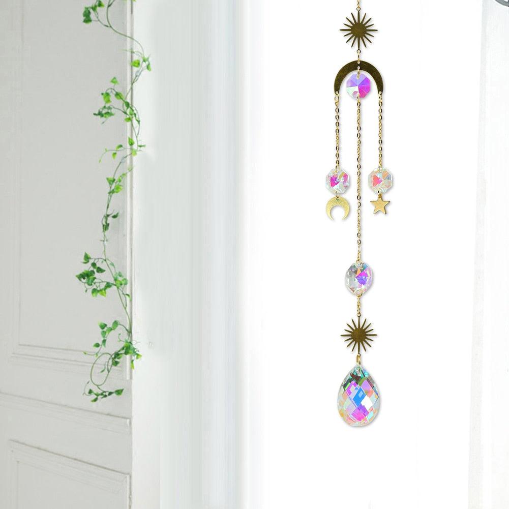 Metallic Hoop Moon Sun Wind Chimes K9 Crystal Prisms Hanging Sun-catcher Rainbow Chaser Window Curtains Pendant Home Decor Gifts For Wall Hanging Decor Room Home Photography Prop