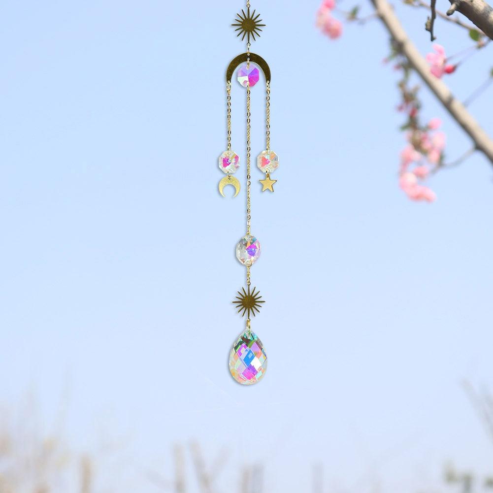 Metallic Hoop Moon Sun Wind Chimes K9 Crystal Prisms Hanging Sun-catcher Rainbow Chaser Window Curtains Pendant Home Decor Gifts For Wall Hanging Decor Room Home Photography Prop