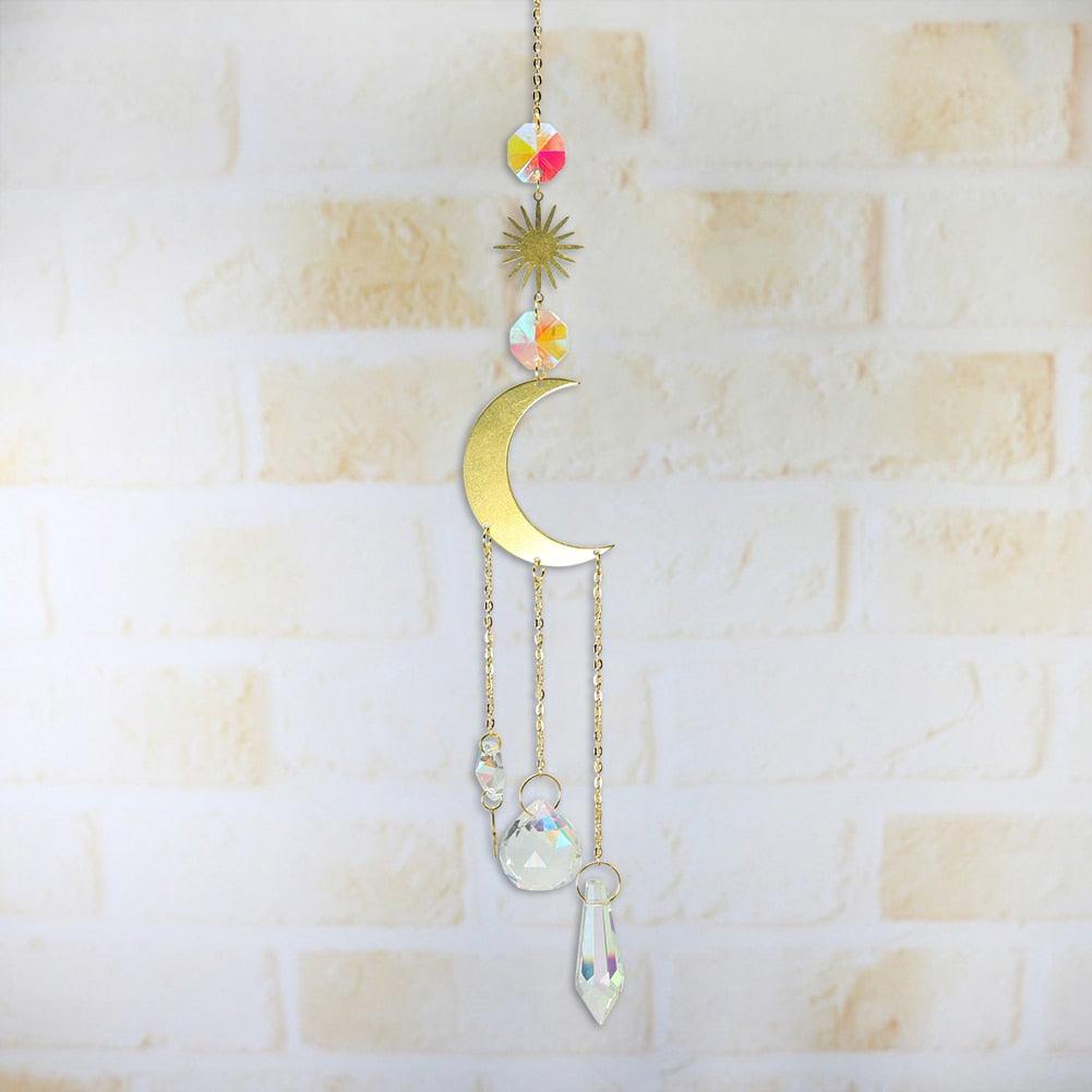 Metallic Hoop Moon Sun Wind Chimes K9 Crystal Prisms Hanging Sun-catcher Rainbow Chaser Window Curtains Pendant Home Decor Gifts For Wall Hanging Decor Room Home Photography Prop