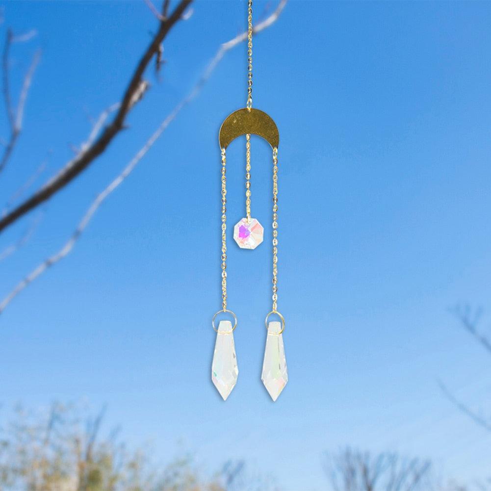 Metallic Hoop Moon Sun Wind Chimes K9 Crystal Prisms Hanging Sun-catcher Rainbow Chaser Window Curtains Pendant Home Decor Gifts For Wall Hanging Decor Room Home Photography Prop