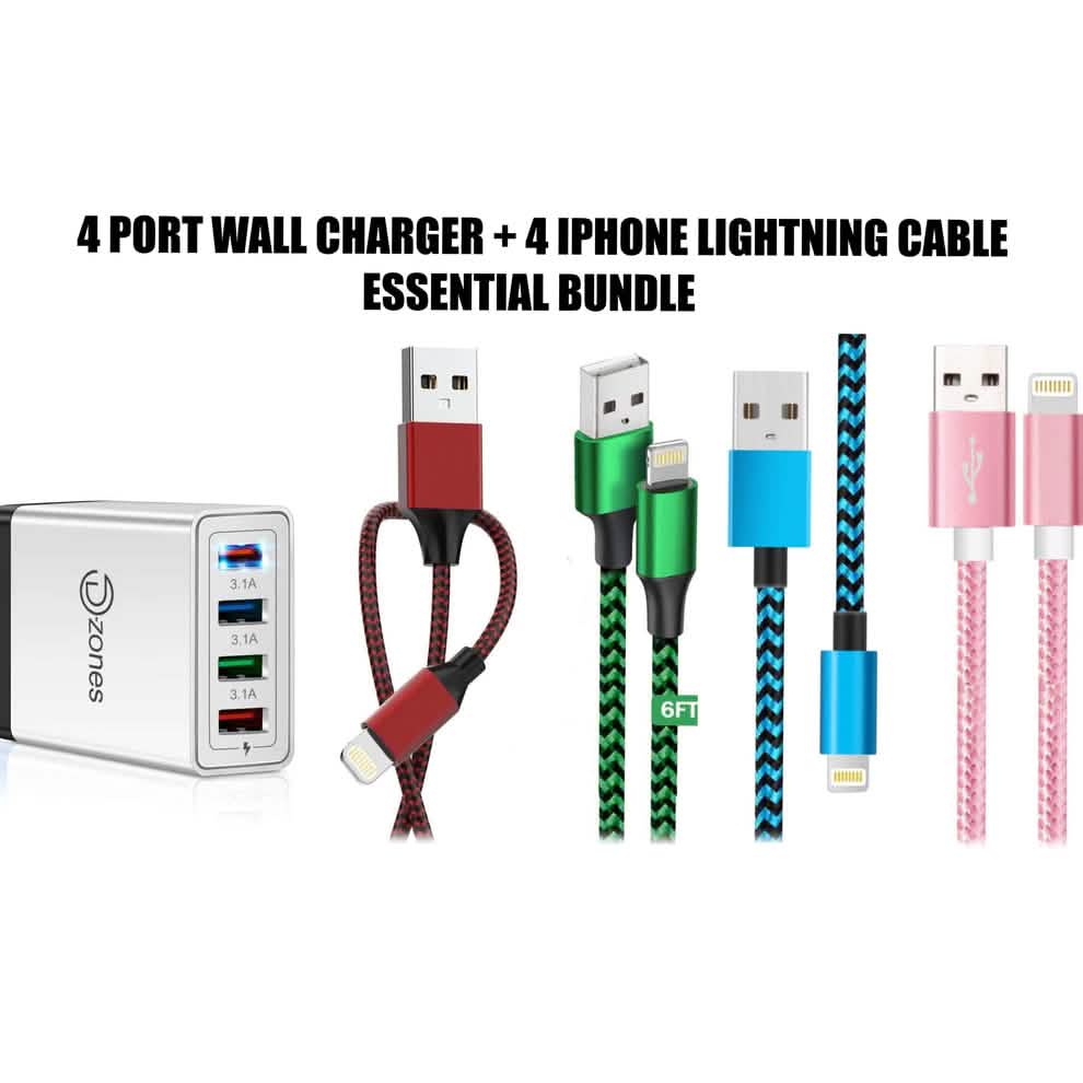 MFi Certified iPhone 4 Port High Speed Wall Charger and 4 Lightning Cables