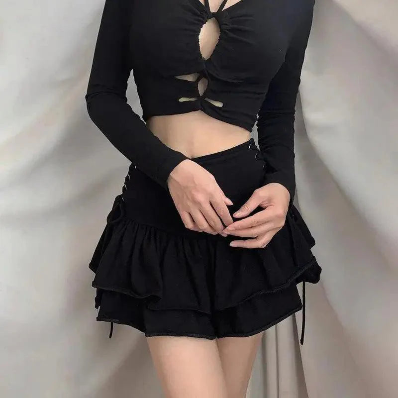 Mini Skirt Girls Sweet Black High Waist Pleated Skirt Cute Dark Lightweight Simple Design Skirts