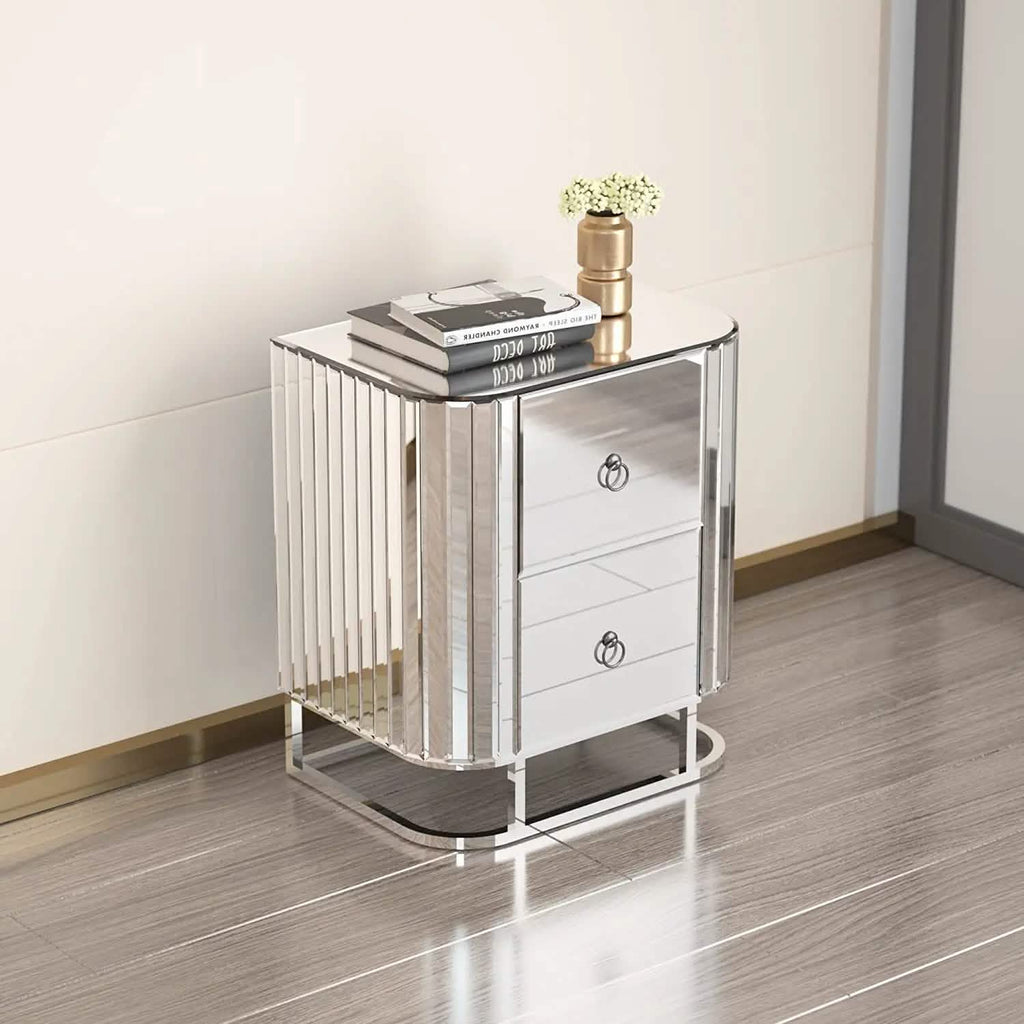 Mirrored Accent Table with 2 Drawers and Stainless Steel Frame