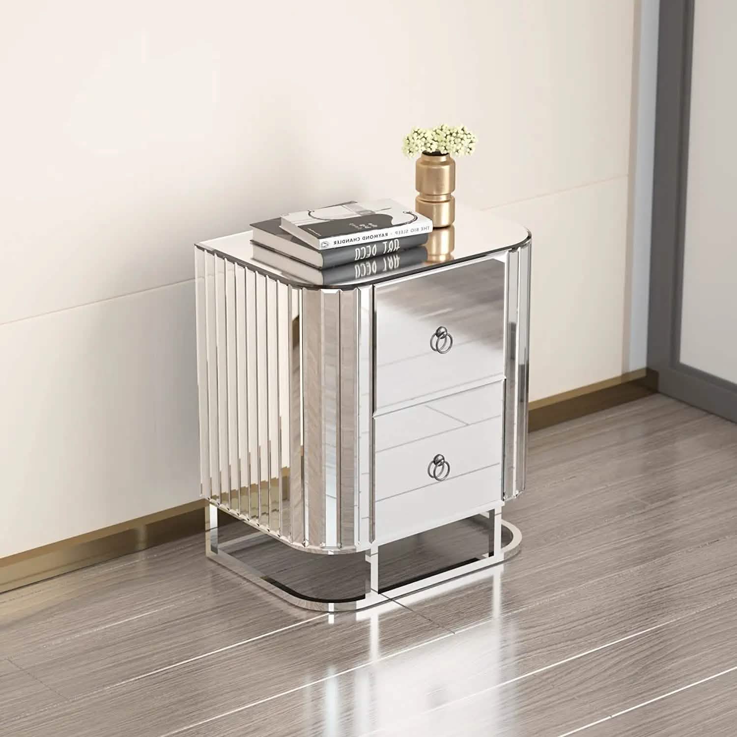 Mirrored Accent Table with 2 Drawers and Stainless Steel Frame